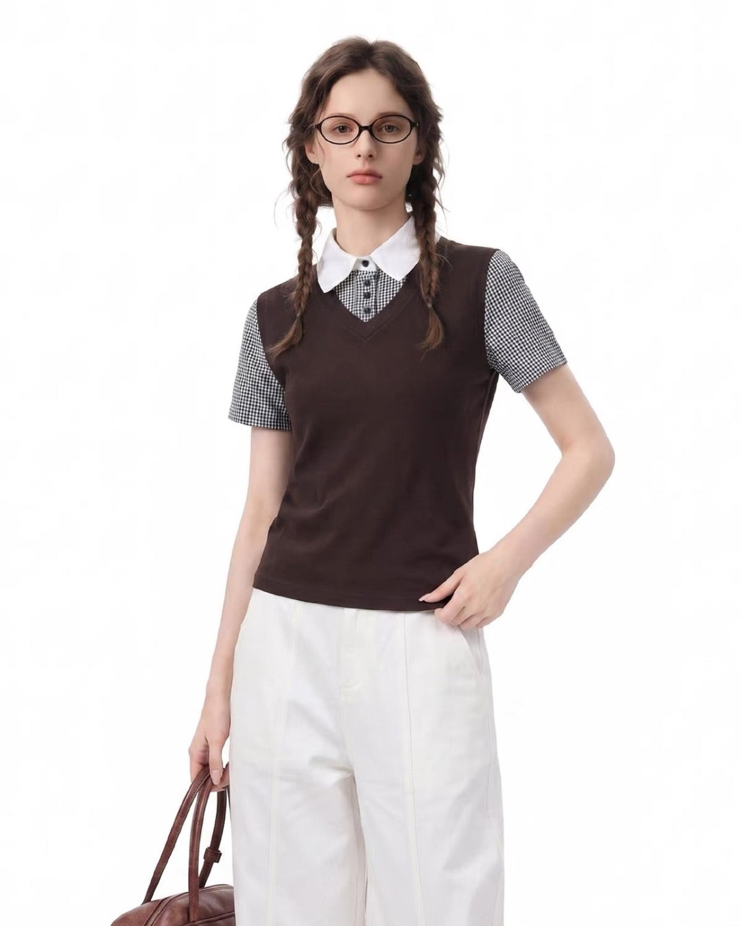 ブラウンチェックフレッピーPoloトップス