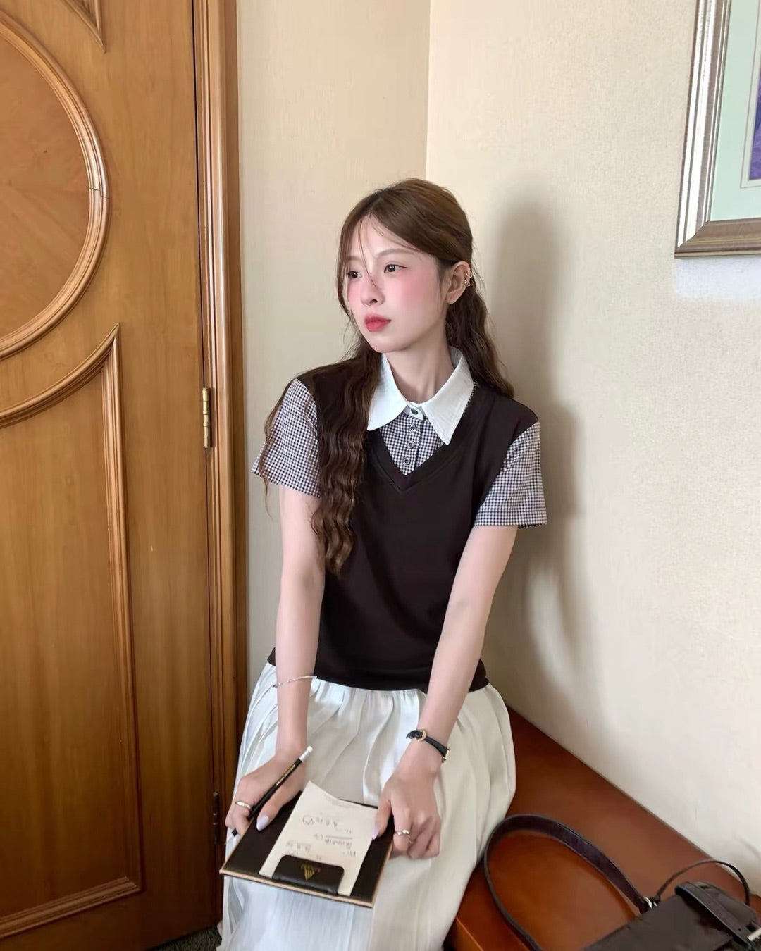 ブラウンチェックフレッピーPoloトップス