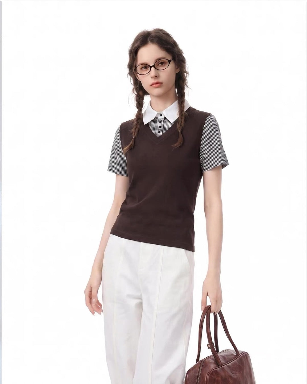 ブラウンチェックフレッピーPoloトップス