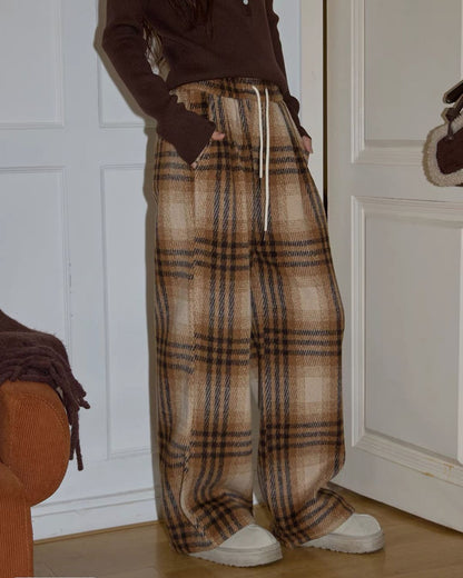 ワイドレッグストレートチェックパンツ